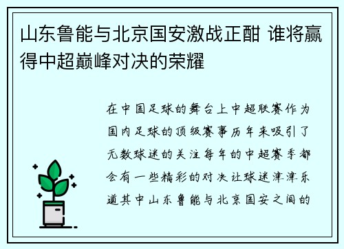 山东鲁能与北京国安激战正酣 谁将赢得中超巅峰对决的荣耀